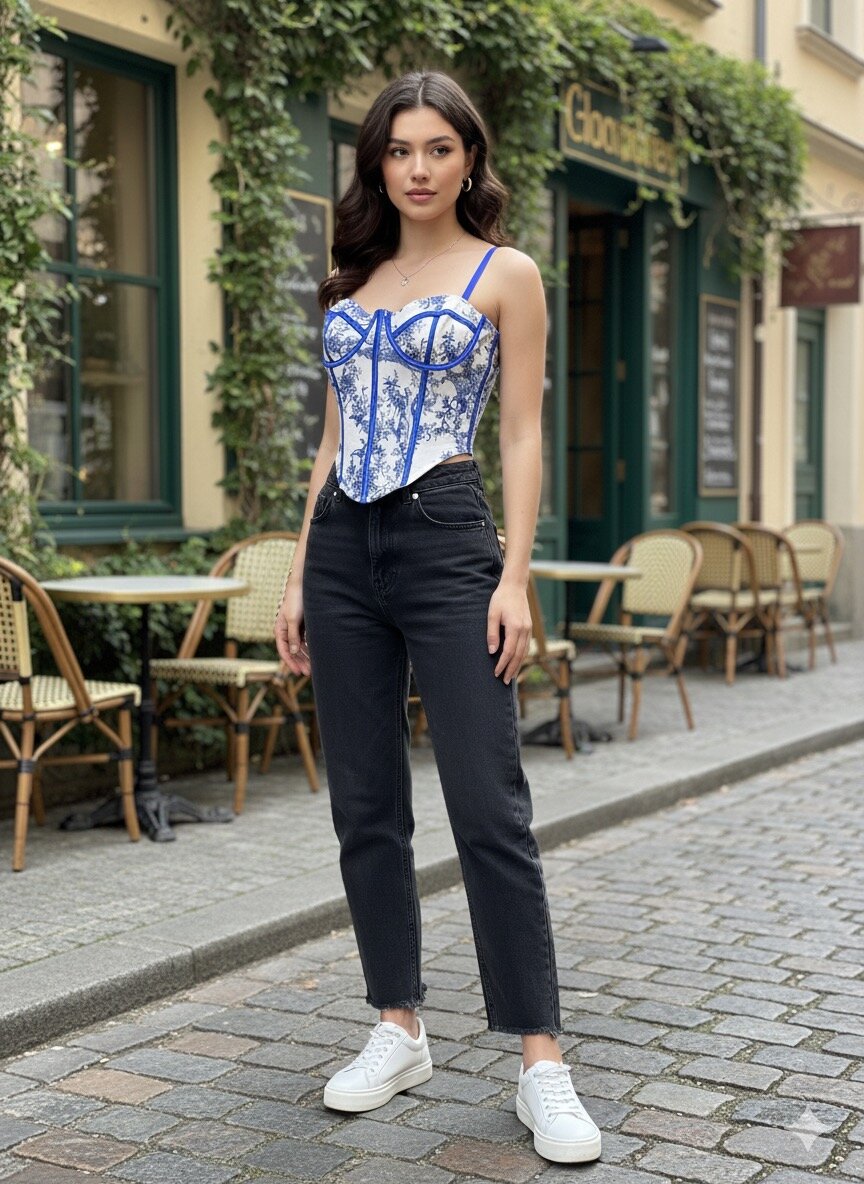 Corset Brodé Bleu Femme