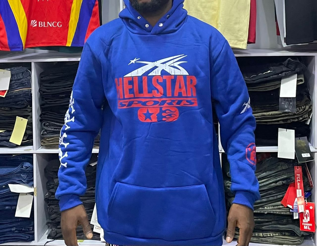 blue hoodie with print