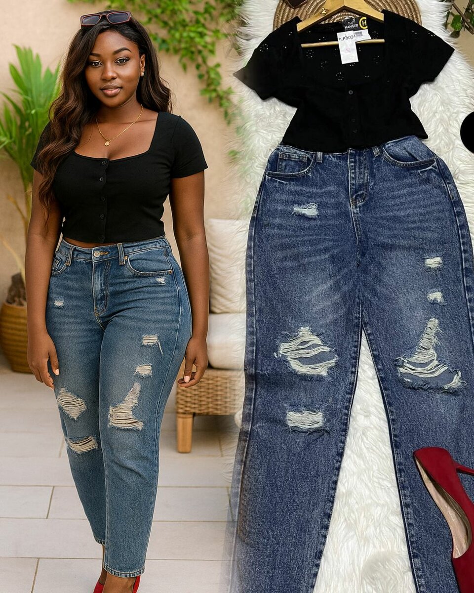 Jeans déchirés taille haute femme