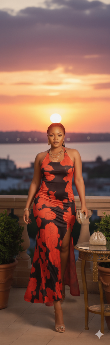 Robe longue rouge fleurie