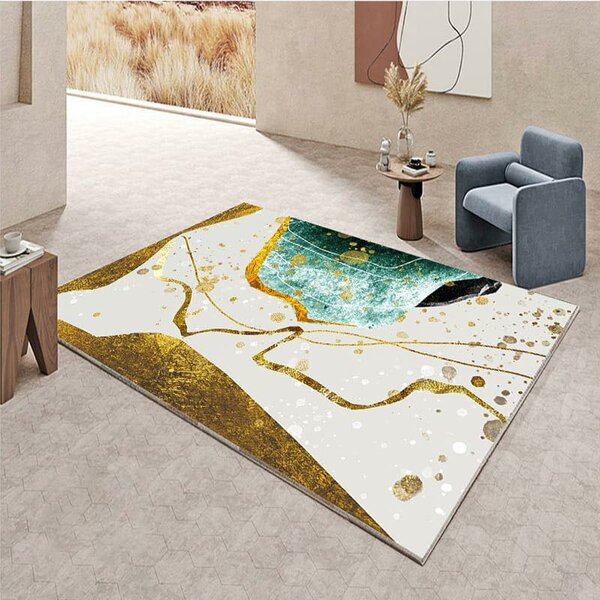 Tapis de salon imprimé 3d couleur de dore blanche et vert