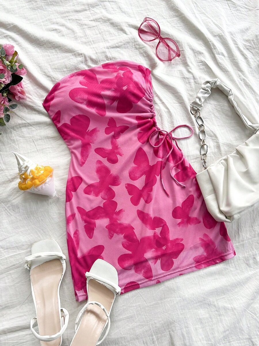 Butterfly print side tie strapless dress