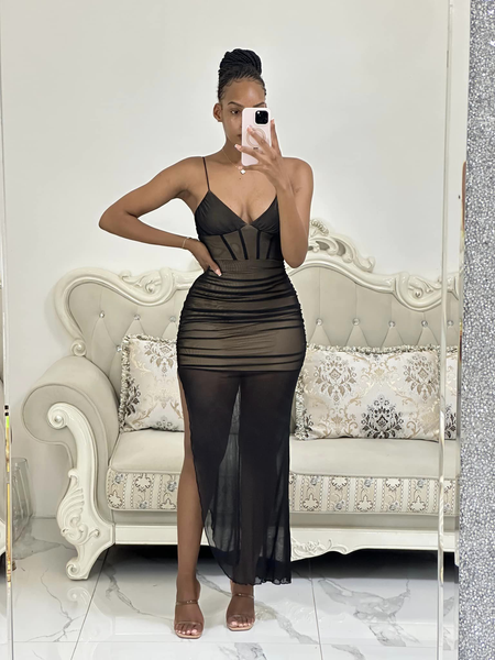 black sheer sleeveless bodycon dress
