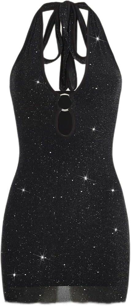 Deep V-neck Cut Out Front Backless Glitter Bodycon Dress