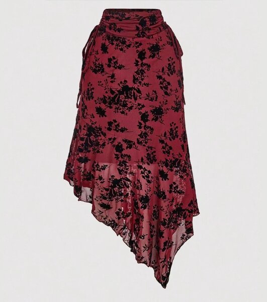 Jupe rouge avec motif fleuri asymétrique