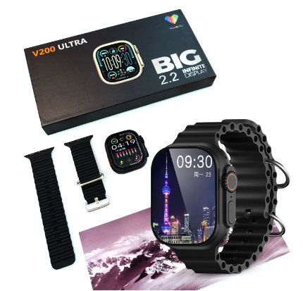 V200 New Fashion Ultra 2.2 Large Screen Ip68 Waterproof Sport Smart Watch With Wearfit Pro App Black