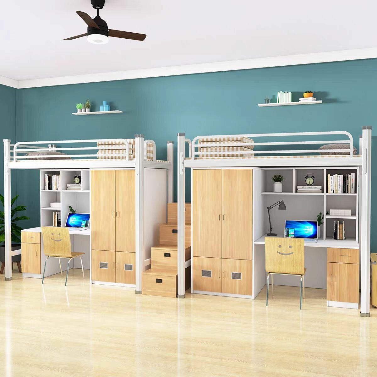 Соберите рабочий стол с кроватью и письменным столом.