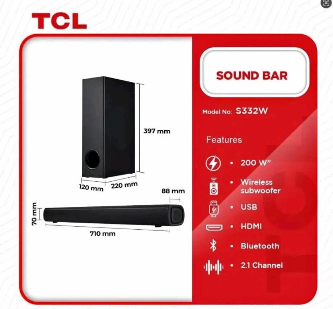 Original 2.1ch 200 Watts TCL S522 Bluetooth Sound Bar