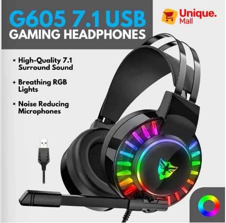 G605 RGB USB 7.1 Wired Gaming Headphones 3D Stereo Over The Ear Gaming Headset with 50mm Driver Lightweight Frame Noise Isolating Microphone Compatibility With Consoles Xbox One PS4 Gaming PC (USB interface) - Unique Mall