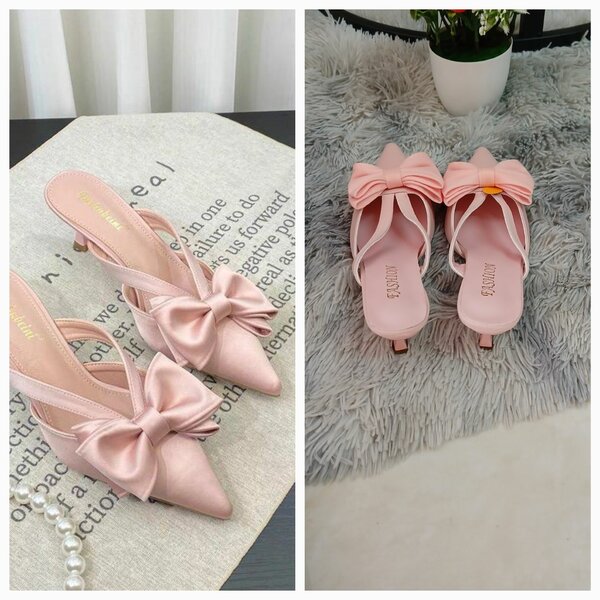 Mules roses en satin avec nœud