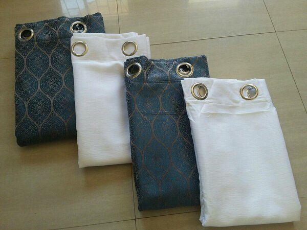 2 drops of curtains dark blue with patterns and white