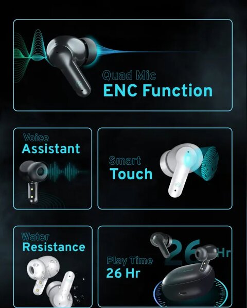 Audionic Airbud 550 Quad MIC ENC Earbuds, Gaming Mode, IPx4