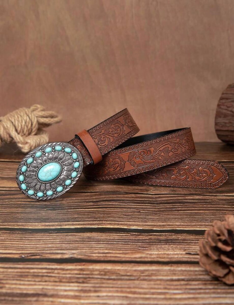 Ceinture cuir gravée avec boucle turquoise