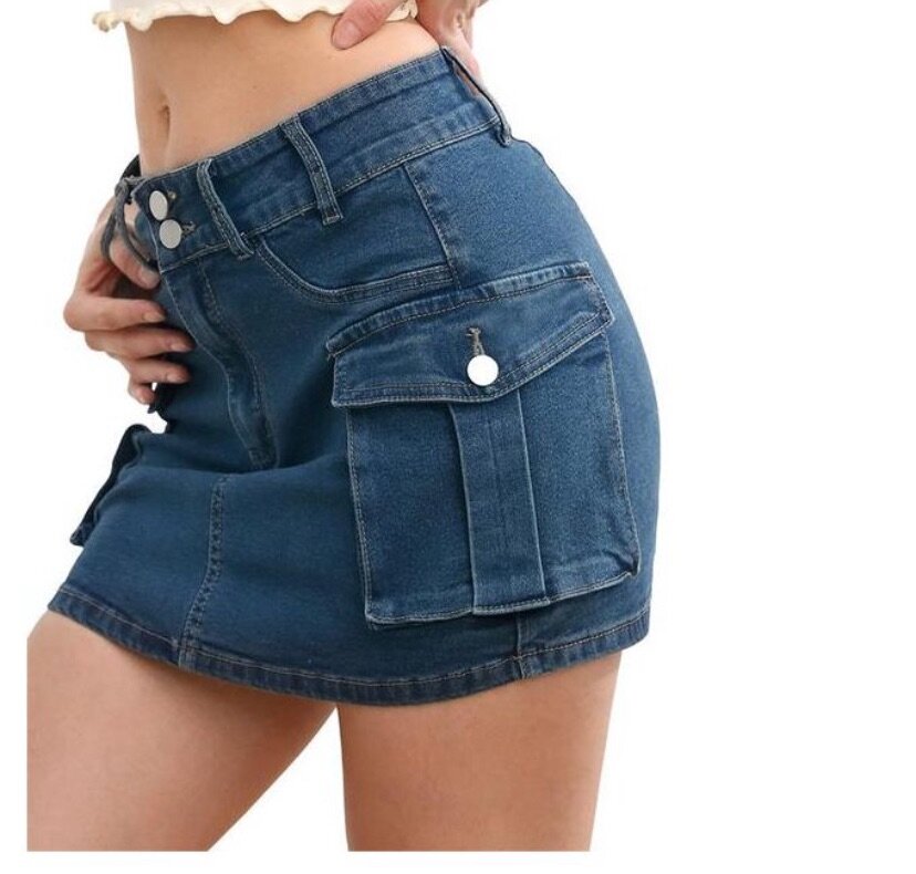 Women Denim Mini Skirt Vintage Cargo Wrapped Bottoms Low Wai