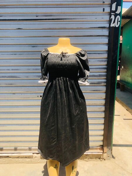 Black satin off shoulder dress