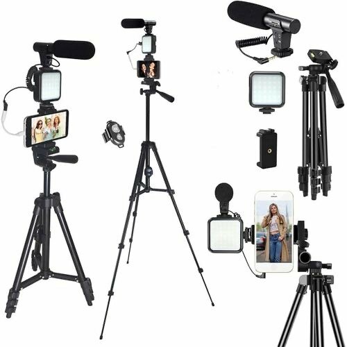 Adjustable Camera and Phone Tripod Stand With LED Light, Mic