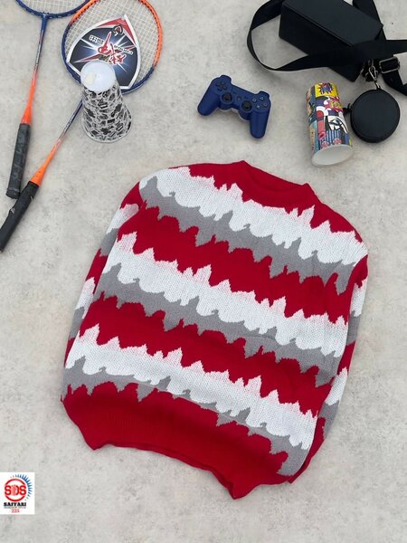 Pull rayé rouge et gris