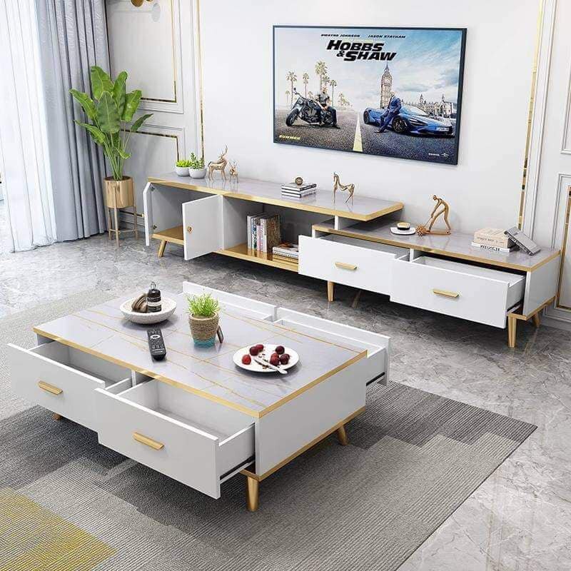 White and gold tv stand and table