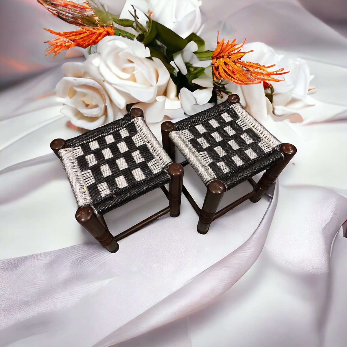 Pair of 2 Wooden Silver Black Stools