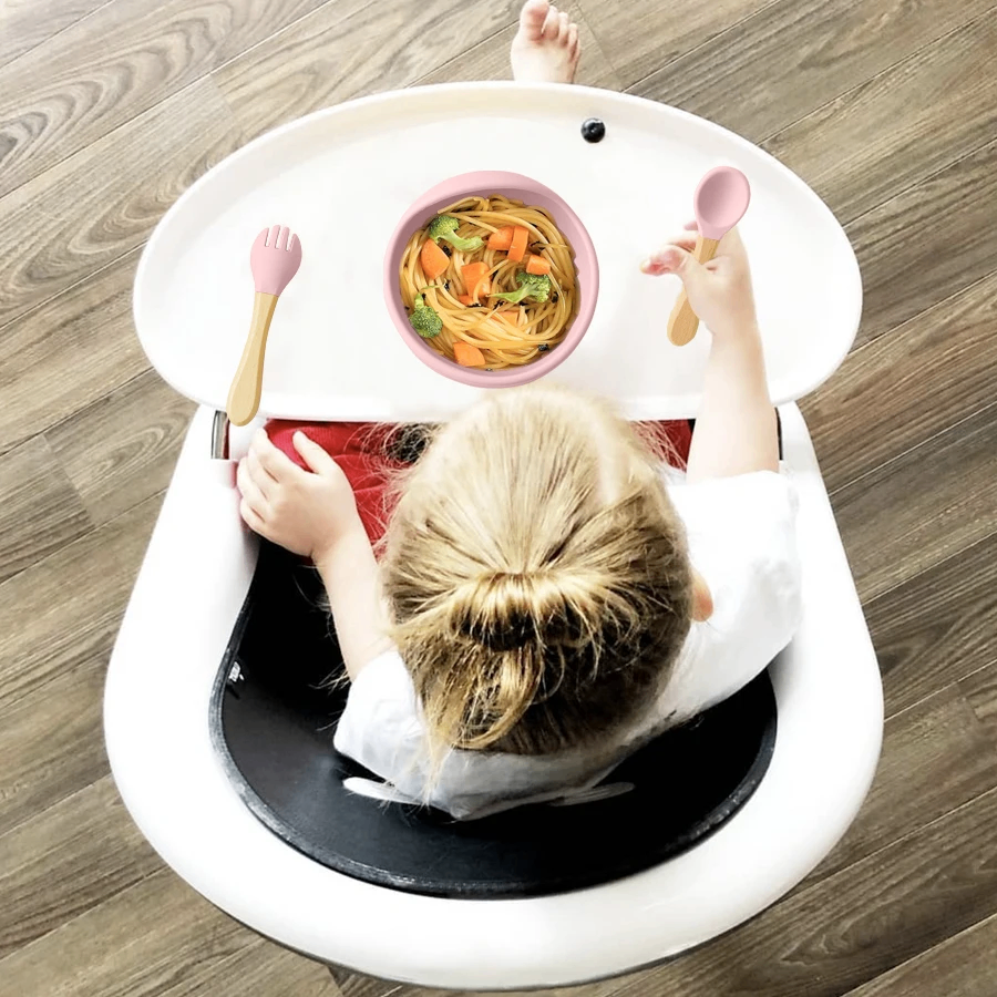 3Pcs Silicone Suction Bowl Set with Wooden Spoon & Fork