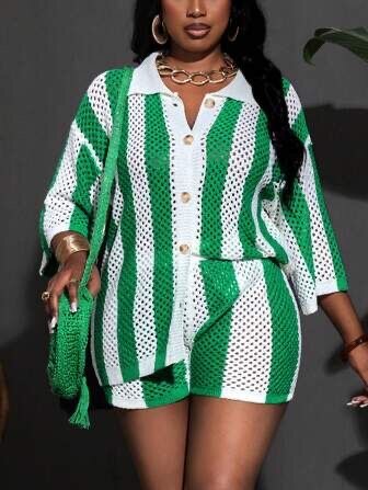 Ensemble tricot rayé vert-blanc