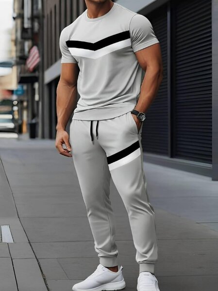 Men's grey micro tracksuit - 2pcs set with round neck