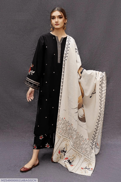 3 Pcs Women  unstitched Dhunka Embroidery Suit