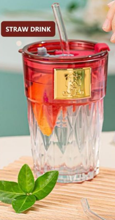 Crystal Diamond Glass Tumbler with Splash-Proof Lid and Reusable Glass Straw