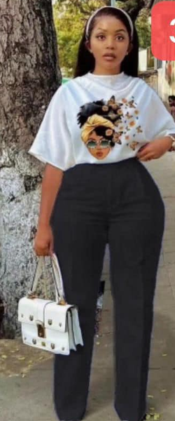 Ensemble T-shirt blanc imprimé + pantalon noir pour femmes, S M L XL