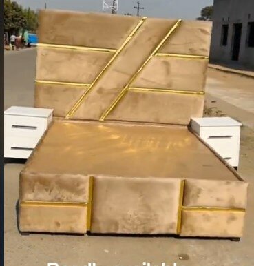 Bed with soft headboard beige color +2 white nightstands