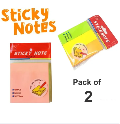 Pack of 2 Multicolour Sticky Notes, Self-Stick Memo Pad Paper Size: 3X3 inch 100 Sheets and 1x3 inch 300 sheets