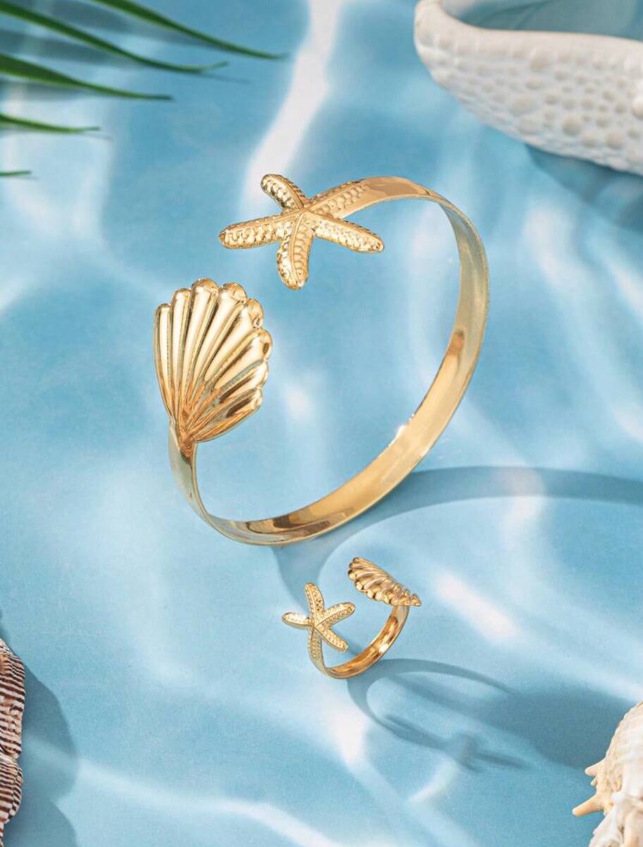 Seastar Shell Metal Bangle and Ring Set