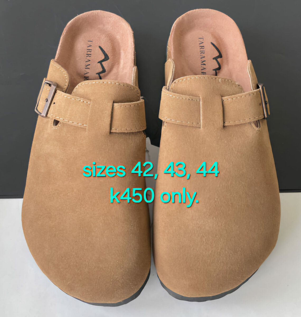 Suede camel colored clogs 