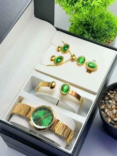Ensemble Montre et Bijoux Vert Émeraude