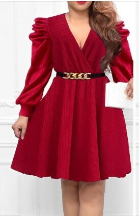 Red flared dress with a black belt