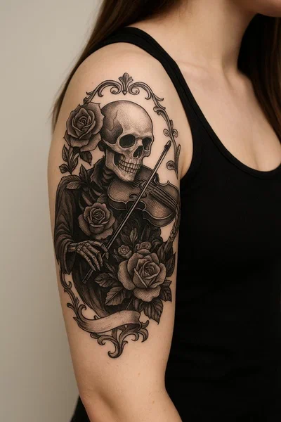 Tatouage bras squelette gothique