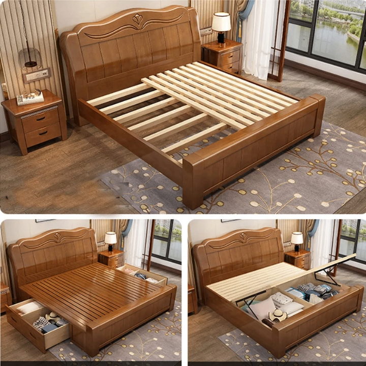 Lit double en bois avec rangement