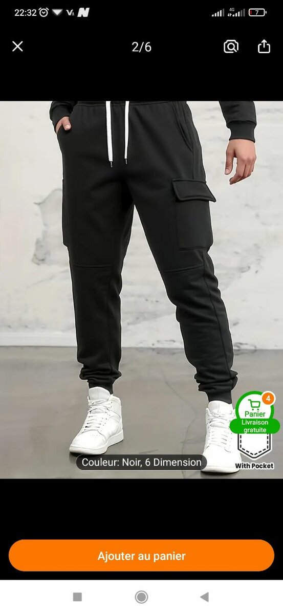 Pantalon cargo noir homme