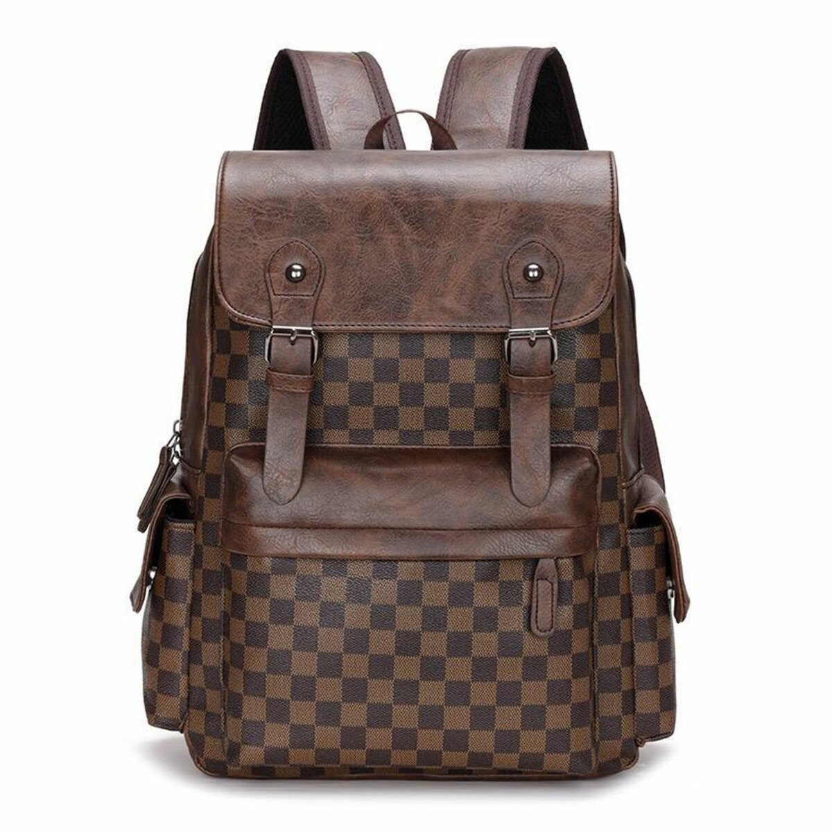 Classic Leather Backpack Brown Check