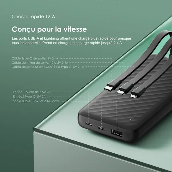 Oraimo power bank Grand capacité 10000mAh charge rapide 12w