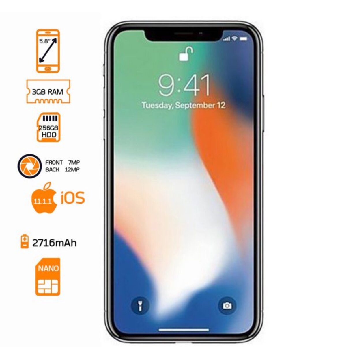 iPhone X - 5.8"' - 256GB HDD - 3GB RAM - 12MP Rear/ 7MP Fron