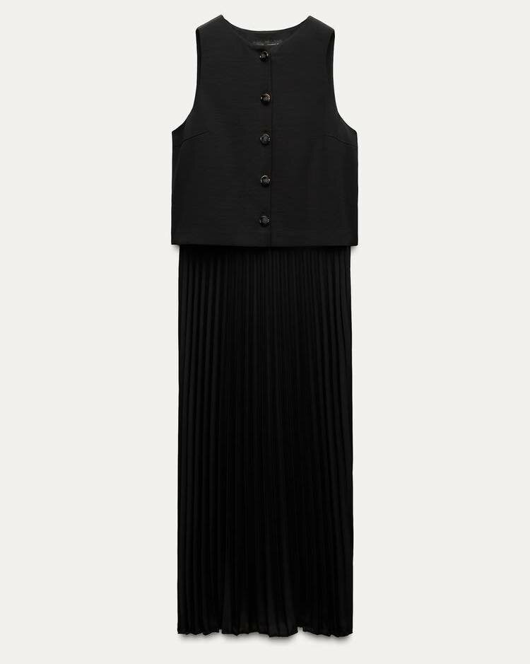 Zara Pleated Contrast Waistcoat Dress in Black