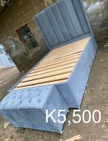 Bed with soft headboard blue + pouf