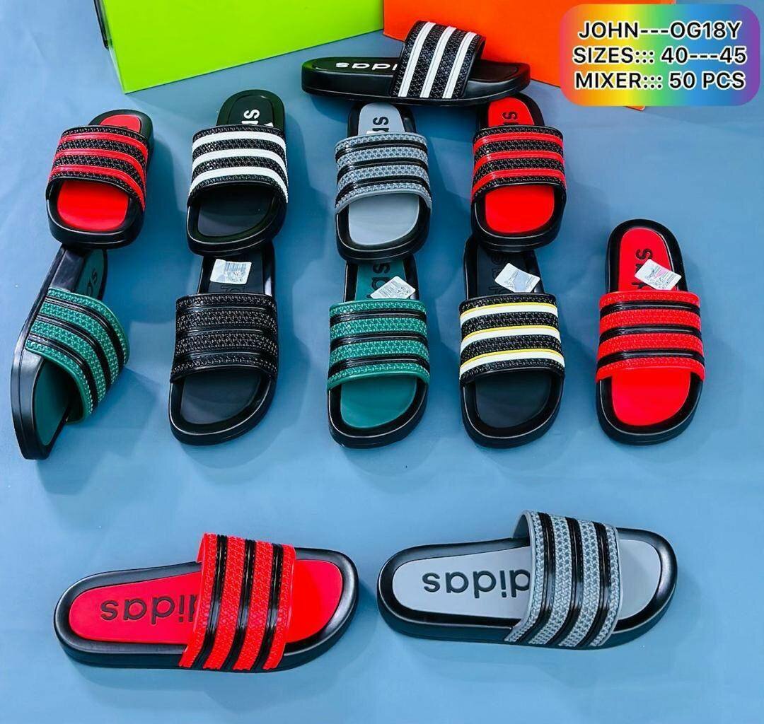 Polo shirts and adidas slides