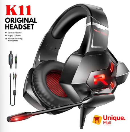 ORIGINAL K11 RGB Gaming Headphones + FREE 1 into 2 CONVERTER with Noise-Canceling Mic, 3D Surround Sound, LED RGB Lights, Comfortable Over-Ear Design for Mobile, PC, PS4, PS5, Xbox, Mac & Gaming – Ultimate Audio Experience for Gamers - Unique Mall