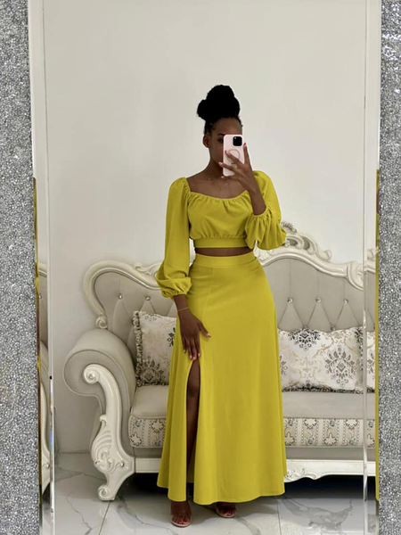 yellow green top and skirt