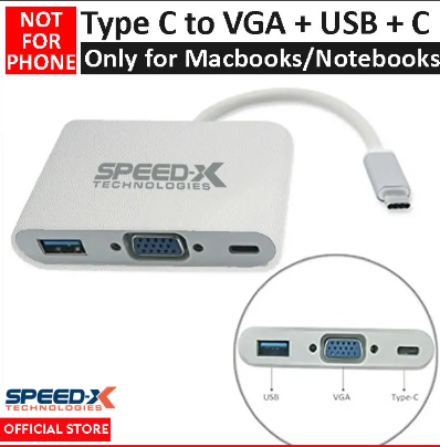 Speed X Type C to VGA + USB + Type C Female Converter / Adapter (For Type C Macbook / Notebook Laptops)