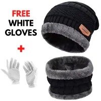 Unisex Winter Woolen Beanie & Neck Warmer Set + FREE Hand Gloves (Black) – 2-Piece Knitted Cap and Scarf for Men & Women, Stylish Winter Skull Cap with Full Neck Coverage