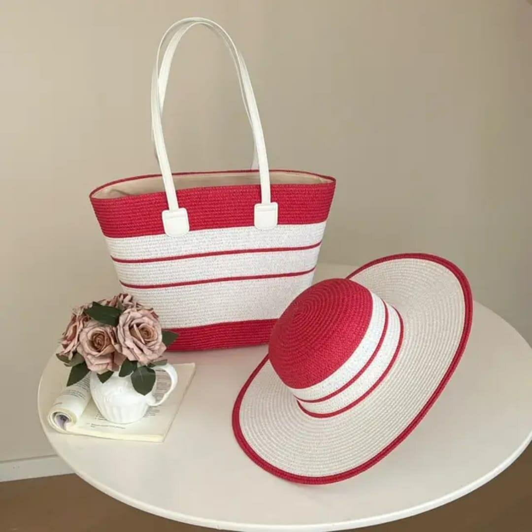 Ensemble chapeau et sac en paille