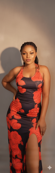 Robe longue rouge fleurie